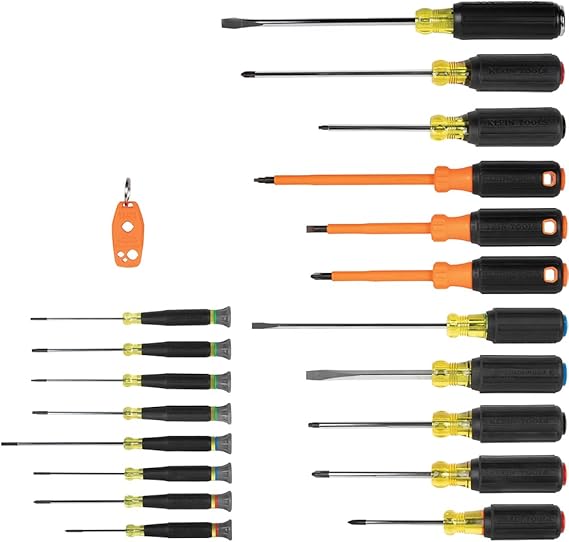 Klein Tools 85820 20-Piece Screwdriver Set, 8 Precision, 7 Standard Drivers with Color-Coded Handles, 3 Insulated Screwdrivers, 1 Demolition Driver, and Magnetizer